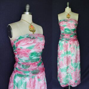 ALBERT NIPON By Night Vintage 80's Rose Silk Organza Strapless Maxi Dress Gown